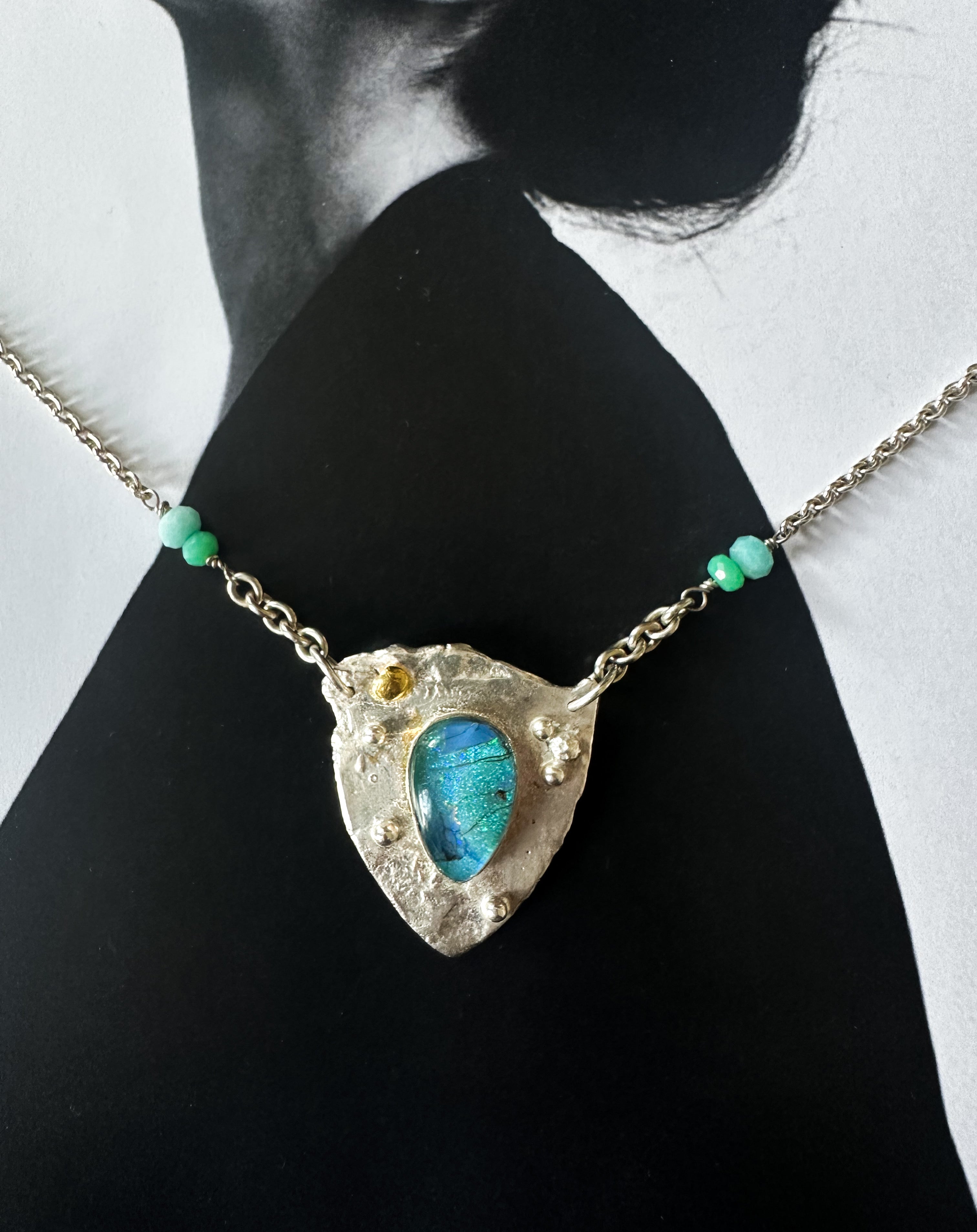 Ancient Shield Necklace in Monarch Opal- Flora