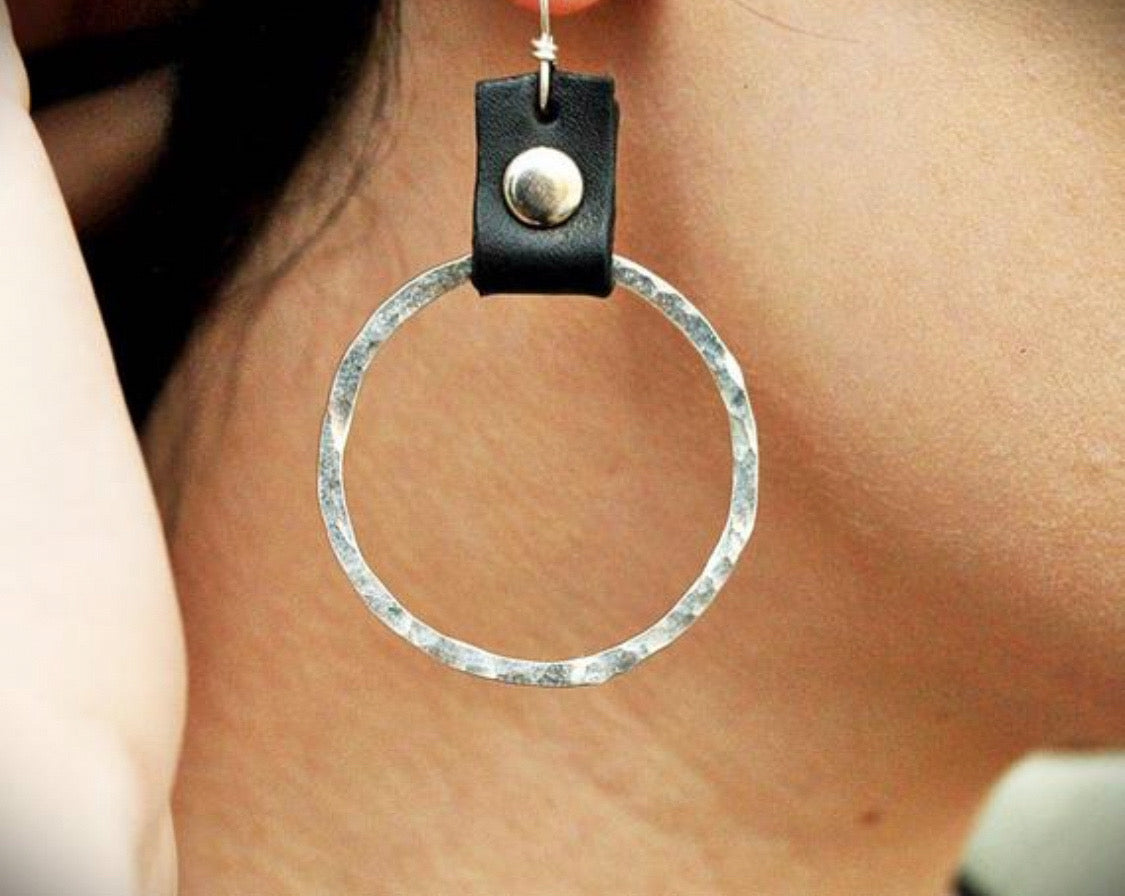 Take the Lead Earrings- black leather - Obscuro Jewelry - sterling silver hoops